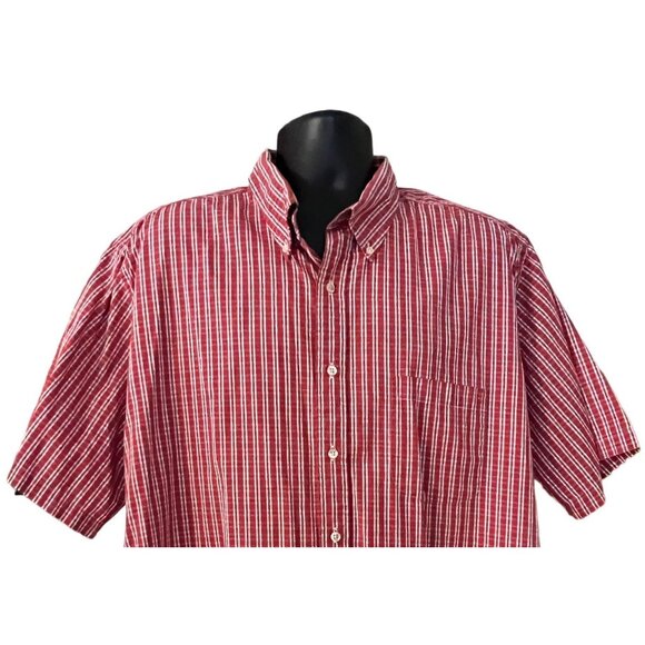 Land's End men's red short sleeve button down shirt size XL white/blue stripes - Picture 2 of 7